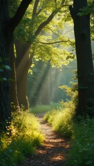 Poster - Sunlight Pierces Through Forest Canopy, Illuminating a Leaf-Strewn Path with Lush Foliage