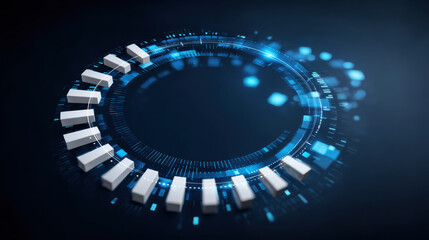 Poster - Digital technology circle with white blocks and blue light effects representing e commerce innovation and futuristic data visualization