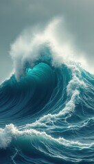 Poster - Powerful Ocean Wave Crashing with Foaming Water - Dynamic Marine Scene