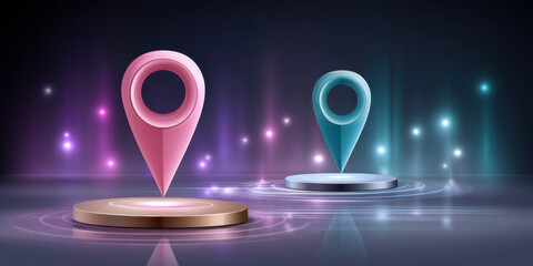 Poster - Location pin and map marker icons in pink and blue colors on glowing platforms with digital light effects for e commerce concept