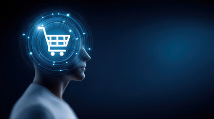 Poster - E commerce concept with human head and shopping cart icon glowing in digital blue light representing online shopping and technology innovation