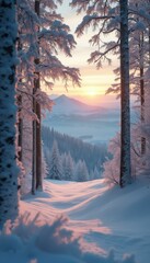Aufkleber - Frosty Sunrise in a Snowy Forest: Majestic Winter Landscape with Trees and Mountain Silhouette