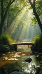 Poster - Serene Pond View: Tranquil Wooden Footbridge, Reflecting Lily Pads, and Sunlit Mist in a Lush Forest