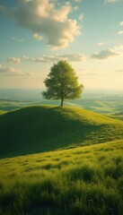 Aufkleber - Tranquil Hillside Landscape with Solitary Tree and Golden Sunlight: A Serene Panorama of Rolling Meadows