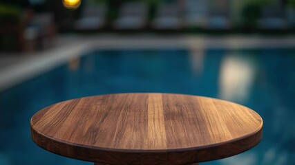 Poster - A wooden table situated next to a swimming pool, perfect for outdoor gatherings and events