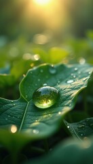 Aufkleber - Dewdrop on a Leaf Reflecting a Lush Green Landscape at Sunrise - Close-up Macro Shot