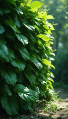 Poster - Lush green leaves creating a natural wall along a sunny path, capturing depth and vibrant textures
