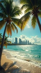 Poster - Tranquil Beach Scene with Palm Trees Framing Distant City Skyline Under Bright Sunlight