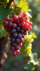 Poster - A Vibrant Cluster of Wine Grapes on the Vine, Displaying a Gradient of Colors in a Vineyard Setting