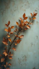 Aufkleber - Warm Autumn Branch with Copper Leaves Against a Textured Blue-Green Wall Surface