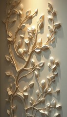 Poster - Elegant botanical plaster relief wall art depicting stylized branches and leaves under warm illumination
