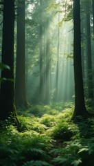 Poster - Sunbeams Illuminate a Lush Forest Floor with Towering Trees and Verdant Ferns in a Tranquil Scene