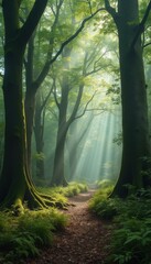 Poster - Sunlight filters through the mist and trees in a beautiful forest path, ferns and roots lining the trail