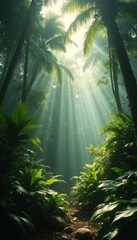Poster - Sunbeams pierce the misty canopy in a lush tropical jungle, highlighting a winding path surrounded by dense green foliage.