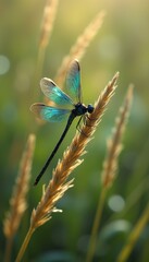 Poster - Graceful iridescent dragonfly perched on a blade of wheat in a summer field at golden hour