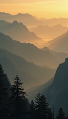 Poster - Majestic Mountain Range at Sunrise: Golden Light Illuminating Misty Peaks and Forested Valleys