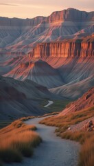 Poster - Dramatic sandstone mountains with towering cliffs and a winding road, illuminated by the warm light of sunset