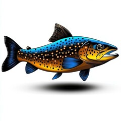 Aufkleber - Colorful Illustration of a Trout with Blue Back, Yellow Belly, and Distinct Spots Against a White Backdrop
