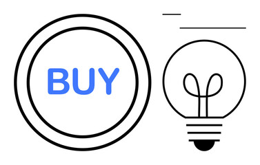 Poster - blue text buy inside a circular button next to a minimalistic lightbulb outline. ideal for innovatio