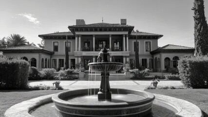 Poster - A black and white photo of a serene fountain situated in front of a cozy house