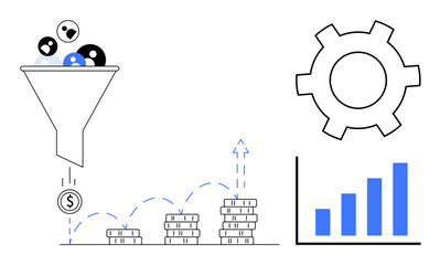 Poster - funnel filtering leads, coins stacking progressively, gear symbolizing automation, and bar chart sho