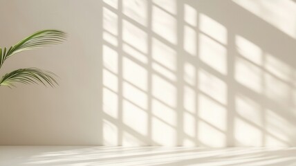 Poster - Natural window creating an abstract light of shadows from a pattern on a beige wall and floor, perfect for background and design projects