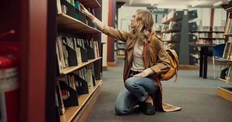 Poster - Student, girl and search at bookshelf in library for book choice, test preparation and knowledge. University, person and check course resources for thesis citation, assignment research and education