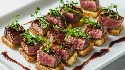 Poster - Sliced meat served on a white plate, topped with savory sauce