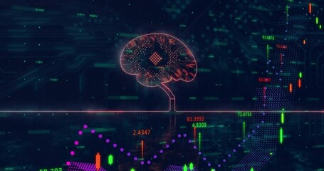 Poster - Magenta line starting tracing axis feeding neon brain candlesticks and blue area showing data flow