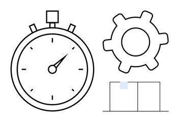 Poster - stopwatch with precise timekeeping, gear symbolizing mechanics or workflow, bar chart showing data p