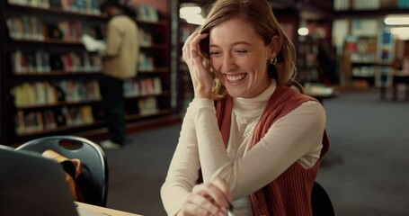 Poster - Woman, laptop and student in library, surprise and excited with email for scholarship. Shocked, university and happy person with computer, wow and omg with success, celebration and funding approval