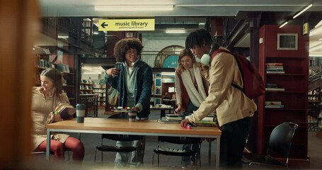 Poster - Friends, studying and students in library, talking and deadline for assignment, books and learning. Group, university and people with tech, education and knowledge with scholarship or start exam prep