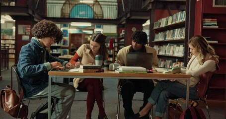 Poster - Study group, education and students in library, laptop and deadline for project, books and learning. Friends, university and people with technology, ideas and knowledge with scholarship and exam prep