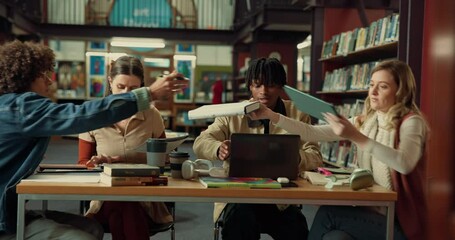 Poster - People, students or studying in library with group for learning, education or project at university. Academic, friends or team sharing information with documents or books for assignment at college