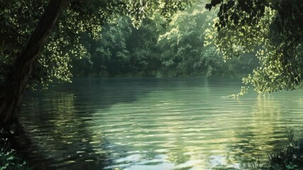 Poster - A small boat floats on the calm surface of a lake, surrounded by tall trees