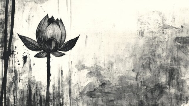Black and white artistic rendering of a lotus flower in a blurred setting.
