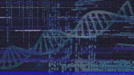Poster - Upon glitch noise intensifying, translucent teal DNA helix shifting rightward showing data hack