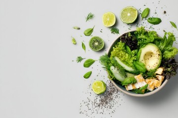 Poster - Fresh and Vibrant Healthy Ingredients Floating Around a Salad Bowl Filled With Greens and Lime on a Clean Surface