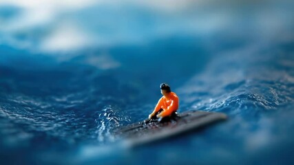 Poster - A toy surfer sits on a surfboard floating in the ocean, perfect for beach-themed illustrations and designs