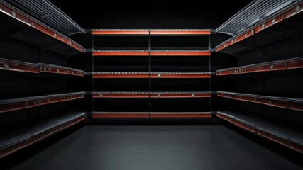 Poster - Store with empty shelves and red lights, suitable for use as a background or to convey a sense of scarcity
