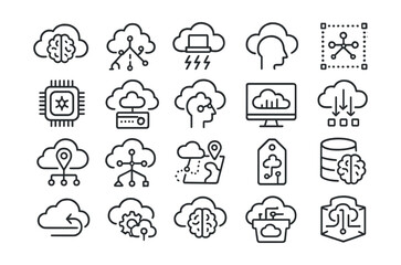 line style icons of cloud-based ai services: ai in cloud, scalable ml engine, serverless inference, 