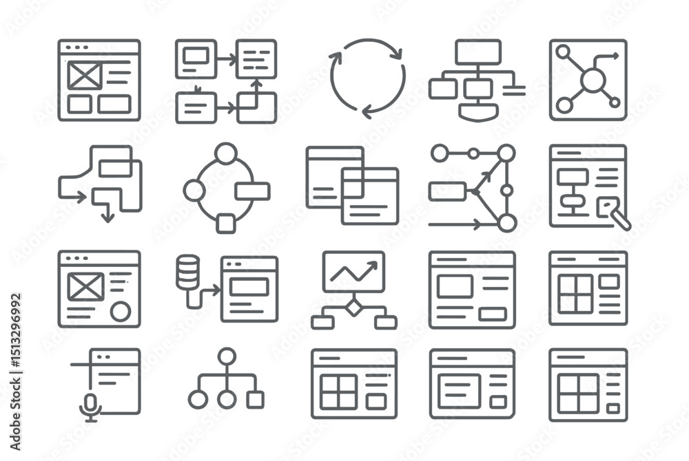 Stock-Vektorgrafik „Line style icons of wireframes and flow planning ...