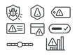 © Vector - Line style icons of cybersecurity and privacy: threat severity icon, alert levels badge, critical issue tag, warning panel layout, system priority tracker, severity scale chart, status label toggle.