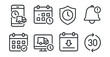 © Vector - Line style icons of in-store pickup: pickup schedule screen, calendar with pickup slot, time window badge, scheduled time reminder, delayed pickup alert, available slot selector, reschedule pickup