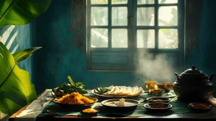 Poster - Table set with plates and dishes near a window, perfect for a cozy meal or breakfast