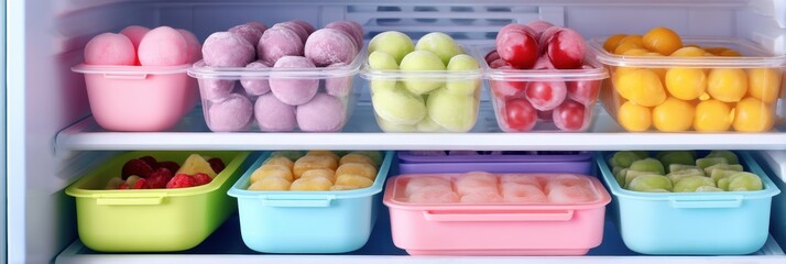 Aufkleber - Colorful Frozen Snacks Fill a Cozy Kitchen Freezer With Bright, Refreshing Treats Ready for Enjoyment Every Day