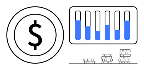 Poster - dollar sign in a circle, bar chart with blue fill levels, and stacks of coins. ideal for investment,