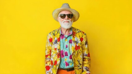 Aufkleber - A man wearing a hat and sunglasses stands with his hands out, ideal for use in fashion or lifestyle photography