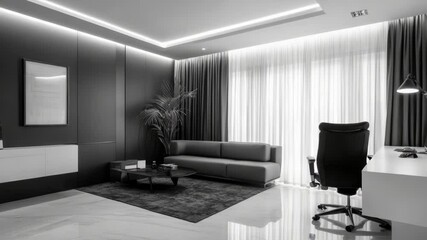Aufkleber - A black and white photo of an interior space with furniture, decor, and possibly people