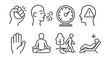 © Vector - Line style icons of stress management: stress ball, breathing exercise icon, pressure gauge, burnout alert, timeout hand, guided meditation, nature walk, relax zone.